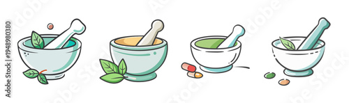 Mortar and pestle with herbs and pills, representing pharmacy and natural medicine