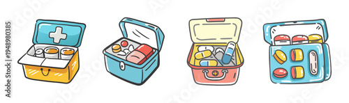Collection of medicine boxes and first aid kits with pills and capsules