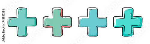 Set of four turquoise medical cross icons in a hand-drawn style