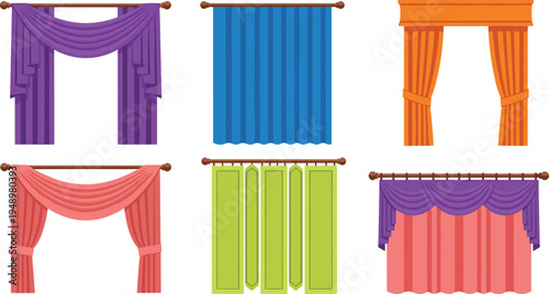 Stylized illustrations of six different window curtain designs with varied colors, valances, and folds, ideal for interior design, home décor, or textile themes.