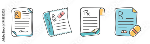 Group of four hand-drawn prescription labels and pills, illustrating medical treatment and healthcare.