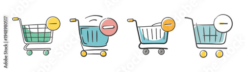 Collection of four hand-drawn shopping carts with minus signs indicating removal.