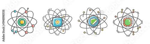 Abstract atomic structure icons representing quantum computing and science concepts