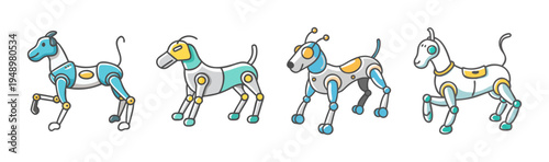 Set of four cartoon robot dogs with articulated joints and futuristic design