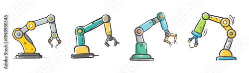 Collection of four cartoon robotic arms with grippers for industrial automation