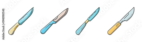 Collection of four stylized scalpels and surgical knives, medical tools.