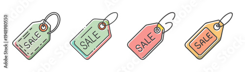 Four colorful sale tags with string, representing discounts and promotions, hand-drawn style.