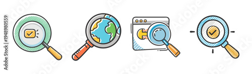 Set of four magnifying glass icons, symbolizing search and discovery.