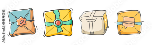 Four hand-drawn parcels and gift boxes, perfect for shipping and presents.