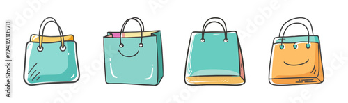 Four doodle-style shopping bags, symbolizing retail and consumerism.