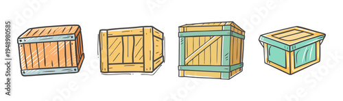 Four doodle-style wooden shipping crates, representing logistics and transport.