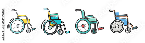 Set of four different wheelchairs for mobility assistance, vector illustration