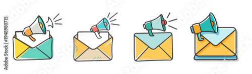 Email marketing icons with envelopes and megaphones, promoting messages and communication.
