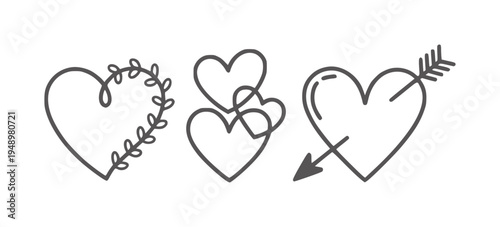 Three simple black line hearts one with leaves another with multiple hearts and one with an arrow