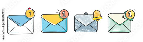 Email notification icons with envelopes and badges showing number one, inbox alerts.