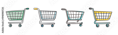 Collection of four colorful hand-drawn shopping carts on a white background