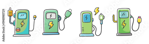 Electric vehicle charging station icons, green EV charger set, 4 eco energy SVG symbols