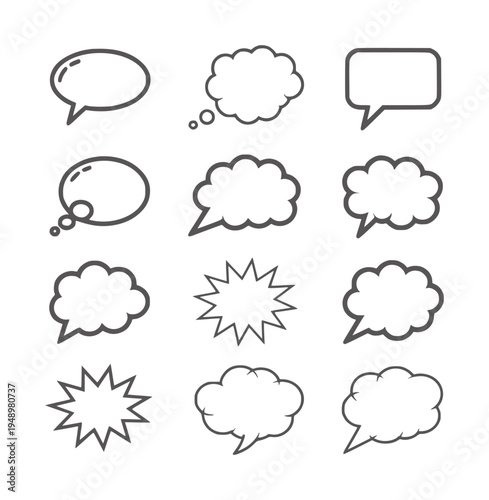 Twelve black and white speech bubbles and thought bubbles cloud comic