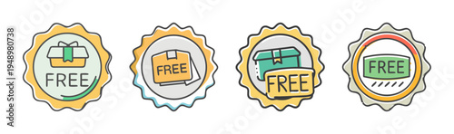Free shipping badge icons with gift box and package symbols