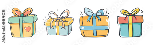 Set of colorful gift boxes with ribbons and bows, celebrating holidays and special occasions