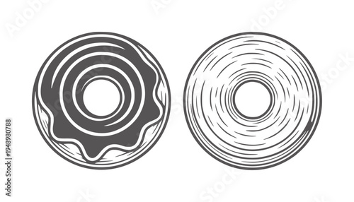Two black and white line donuts one with icing the other with texture food sweet