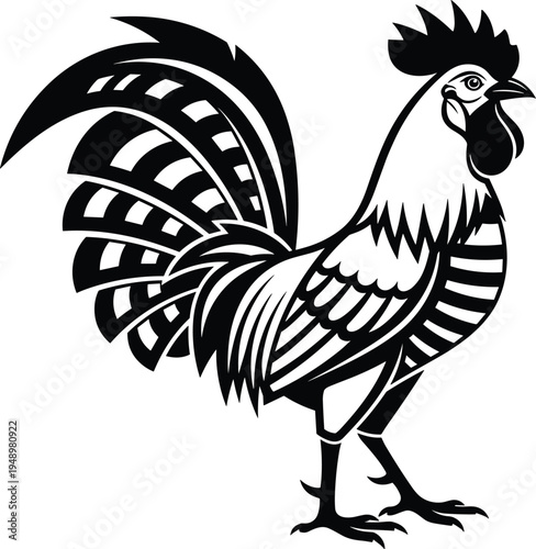 Black and White Stylized Rooster Vector Illustration Isolated on White Background for Farm Logo Mascot Poultry Design and Graphic Art