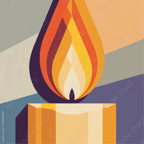 Stylized candle flame with warm colors on a geometric background
