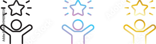 success person star icon vector outline achievement winner celebration excellence goal dream raised hands award minimalist linear editable stroke isolated web app symbol graphic design.