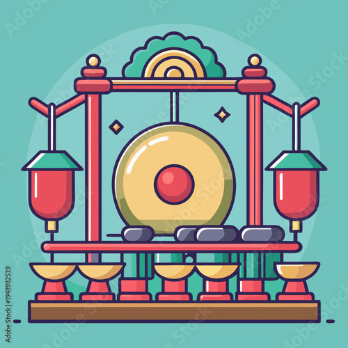 Gamelan Music Instrument Ensemble with Red and Gold Accents