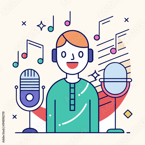 Joyful Singer Performing with Microphones and Music Notes