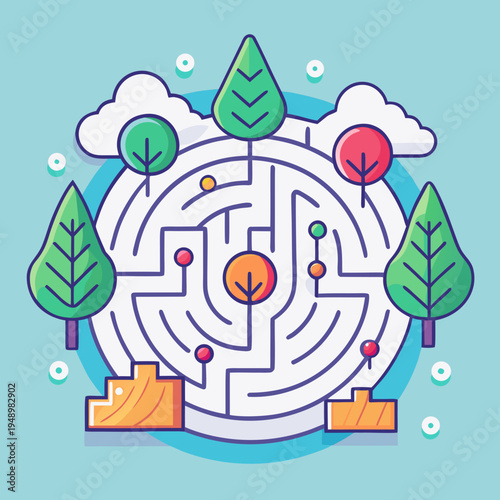 Nature Maze Illustration with Trees and Clouds