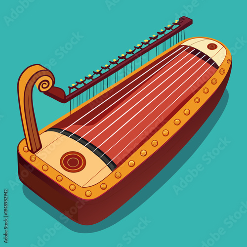 Ornate Ancient Harp Instrument on Blue Background