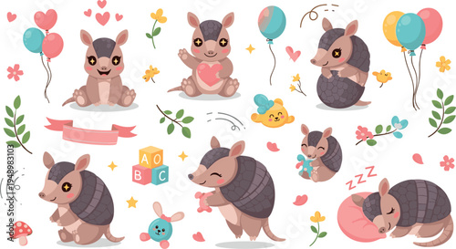 Cute Baby Armadillo Cartoon Character Set with Hearts Balloons Flowers Vector Illustration