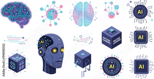 Artificial intelligence technology vector icon set with AI brain robot head neural network machine learning processor chip futuristic digital innovation illustration collection