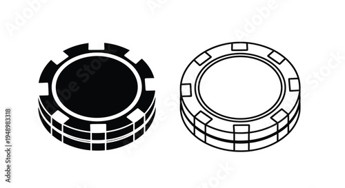 Two black and white casino chips shown in isometric perspective