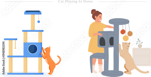 Woman Playing with Cat Scratching Post Flat Vector Indoor Pet Enrichment Illustration Set