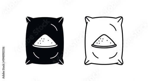 Two depictions of a bag filled with granular substance black and white
