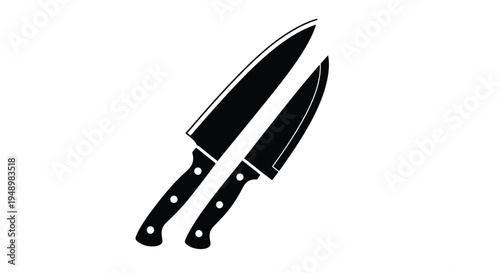 Two black kitchen knives displayed diagonally against a white background