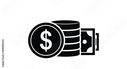 Stack of coins and a dollar bill a simple black and white illustration