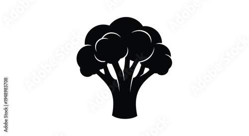 Simple black silhouette of a head of broccoli against a white background