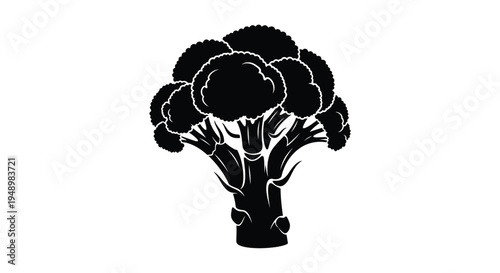A black silhouette of a broccoli head with visible florets and stem
