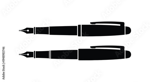 Two fountain pens are depicted in a simple black silhouette style