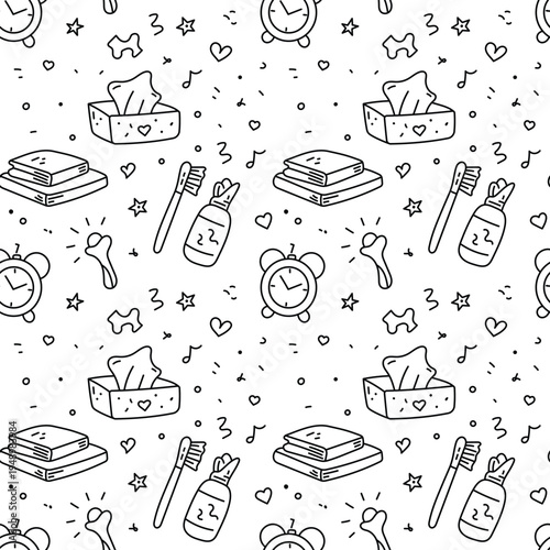 Hand Drawn Seamless Daily Routine Pattern with Toothbrush, Toothpaste, Books, Tissue Box and Alarm Clock