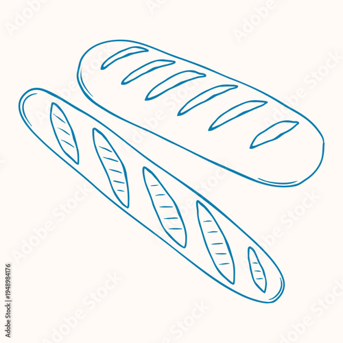 Hand drawn baguette bread in minimal doodle outline style. Classic bakery element perfect for bakery menu design, cafe branding, packaging and food related illustrations.