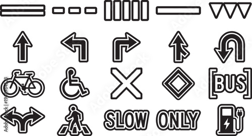 A comprehensive collection of road signs and symbols, designed in a clean, easily-recognizable style, perfect for use in navigation or educational materials.