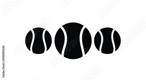 Three black tennis balls arranged in a horizontal line on white