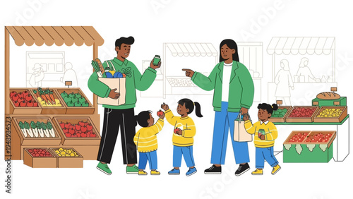 Family Shopping at Fresh Fruit Market Stall.