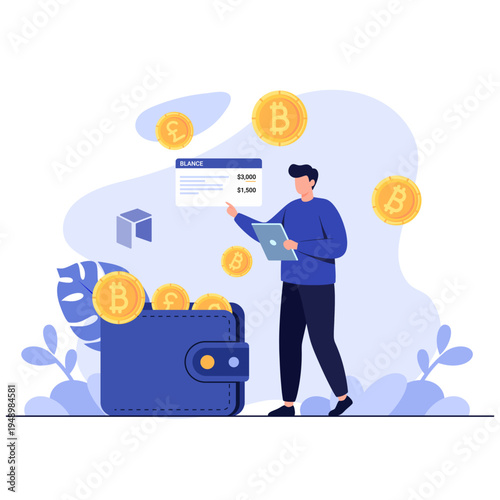 Cryptocurrency Wallet and Digital Currency Management Concept with Bitcoin and Blockchain Technology Flat Vector Illustration