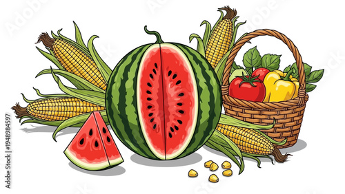 Watermelon and Fresh Fruits and Vegetables.