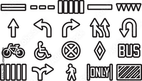 A collection of essential traffic symbols in a graphic, clean style, perfectly suitable for navigation, urban planning, or illustrative purposes. 